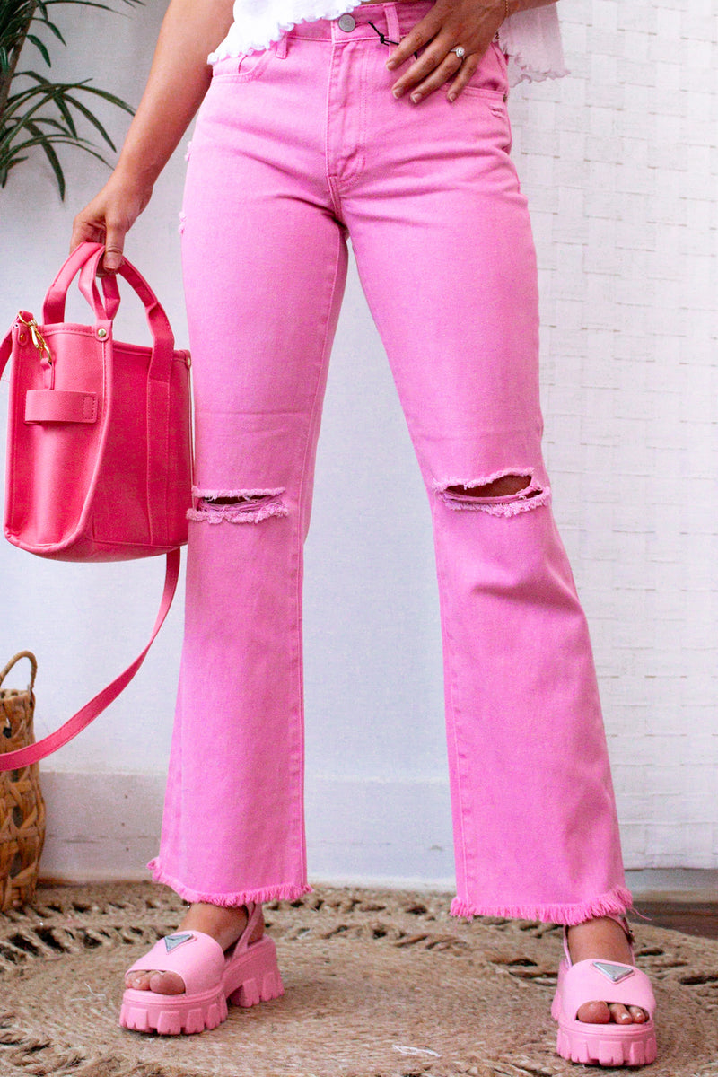 Our 'Best Jeans Ever' are the perfect blend of style and comfort! Crafted from premium, high-rise denim with a slim-straight fit, these jeans feature an eye-catching pink hue and a timeless knee hole for a subtle edge. Enjoy no-stretch comfort and an elevated silhouette with these must-have jeans.